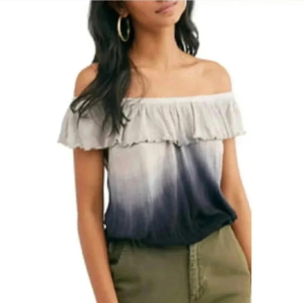 Free People Cora Lee Off The Shoulder Top Nightfall Ombree Beige Blue Crinkle S